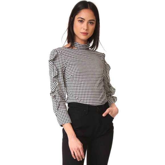 MARISSA WEBB EFFY GINGHAM CUT OUT BLOUSE TOP OPEN‎ BACK RUFFLE ~S - Picture 1 of 7